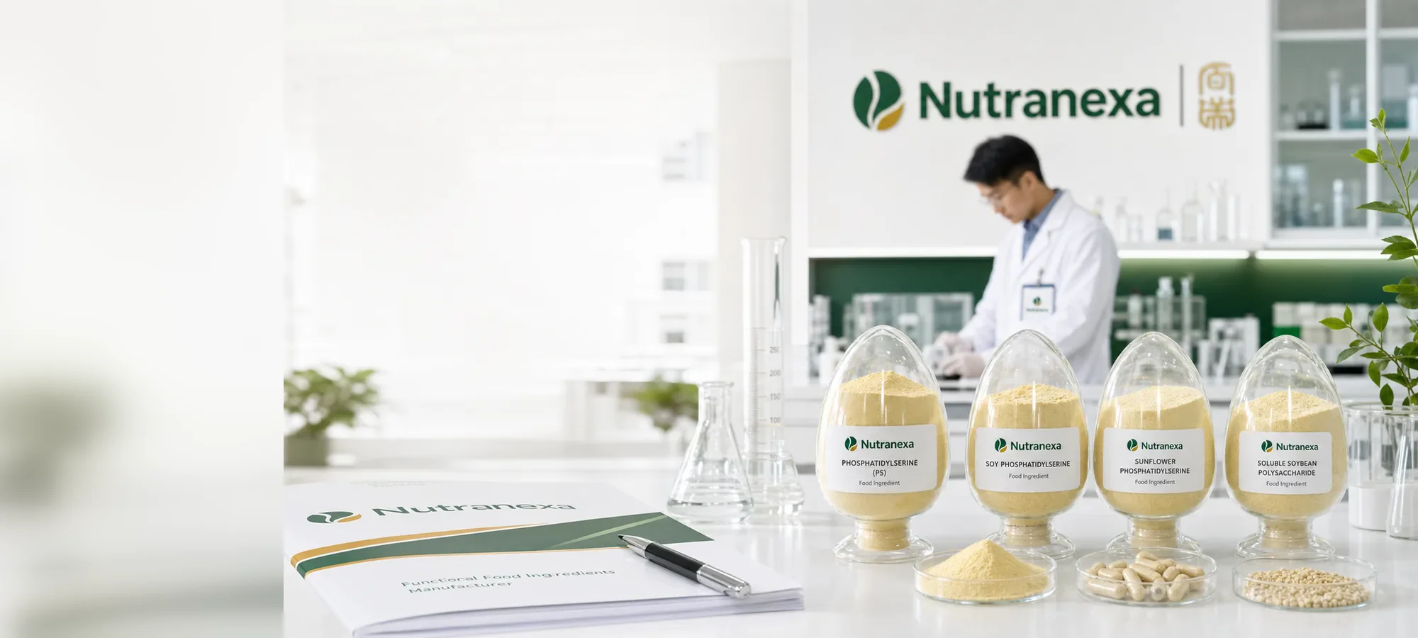 Phosphatidylserine powder sample jars on a laboratory bench with a Nutranexa researcher in the background