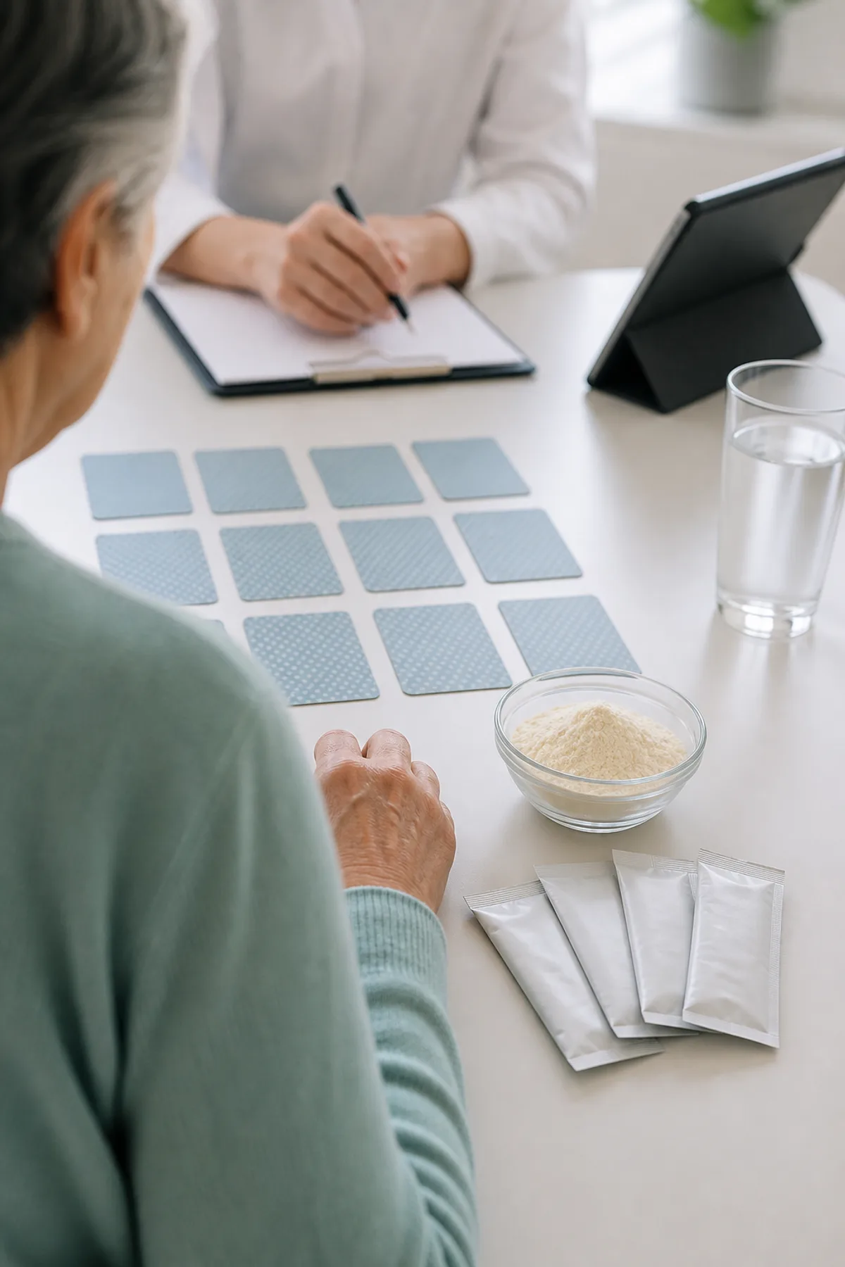 Senior woman at a table with nutrition powder and sachets