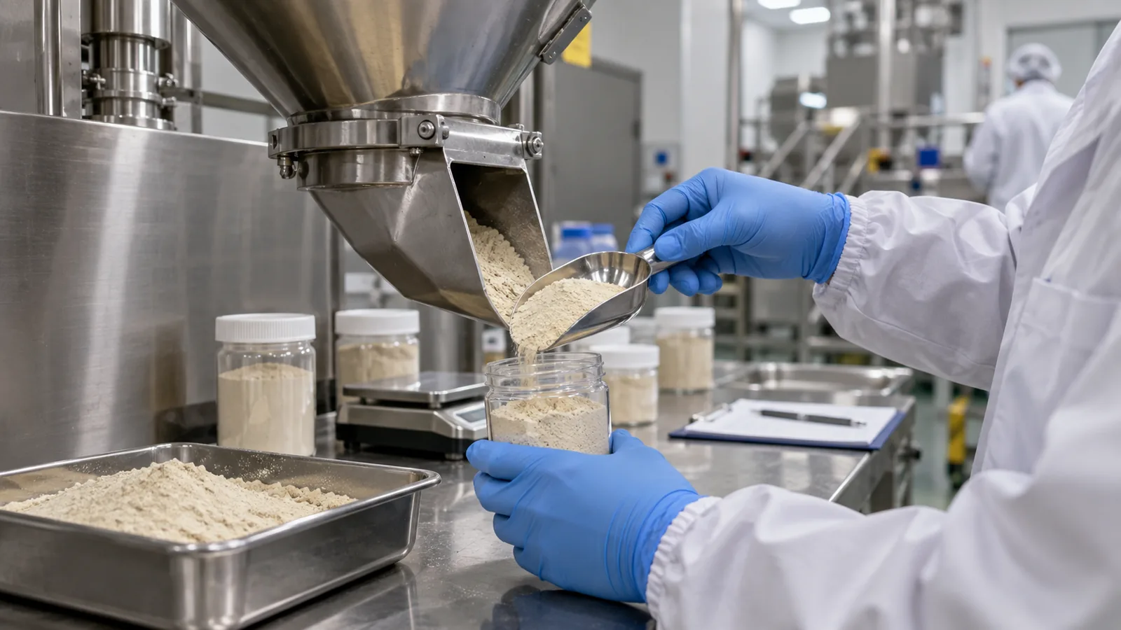 Technician sampling a phosphatidylserine powder blend from a blender discharge for uniformity testing