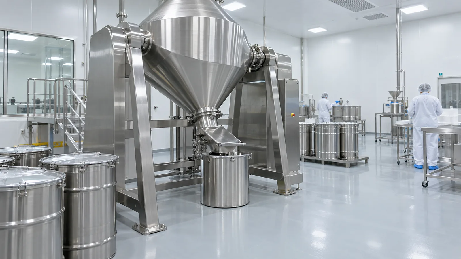 GMP powder blending room with stainless steel blender and premix drums in controlled lighting