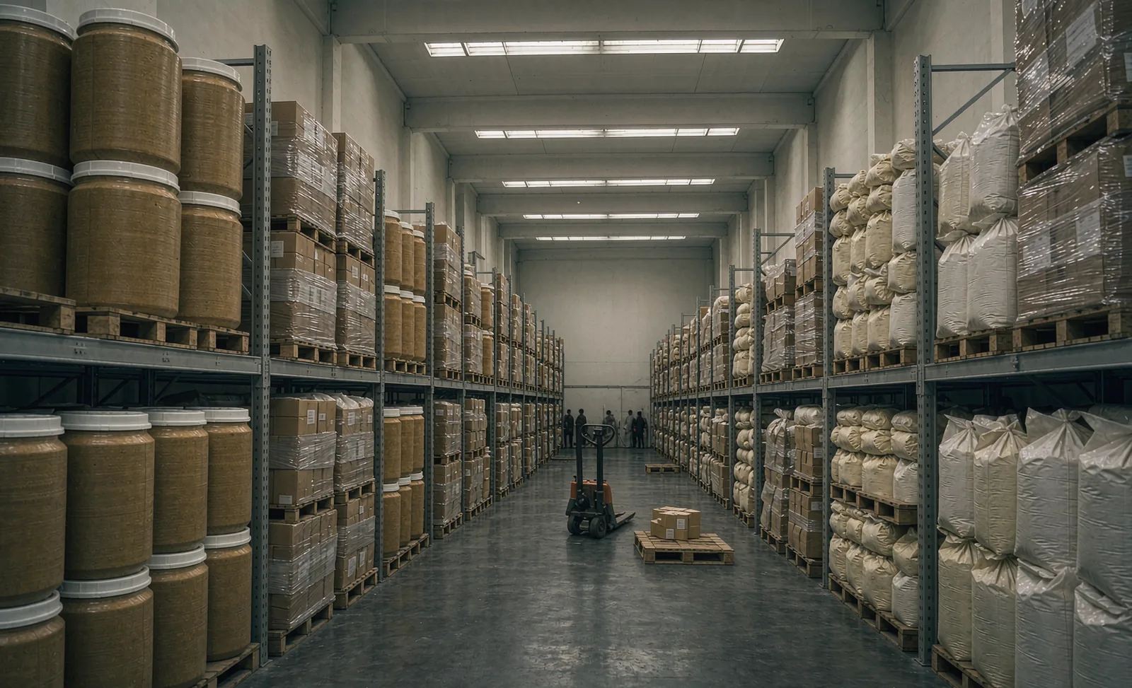 Industrial warehouse racking holding bulk phosphatidylserine inventory drums and cartons