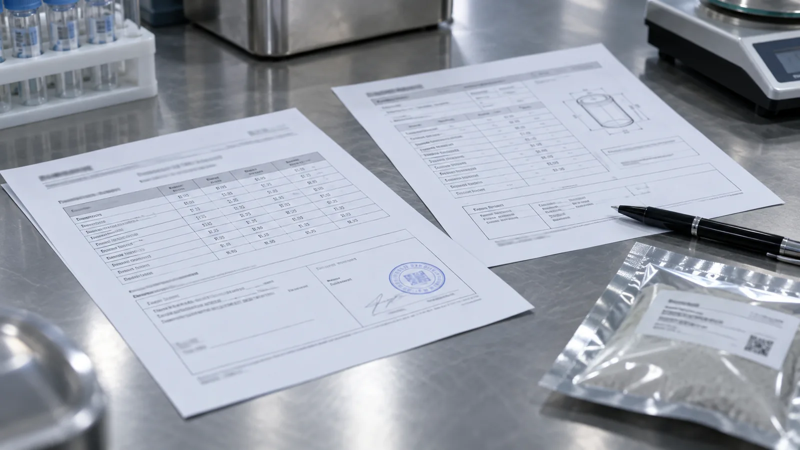Close view of a phosphatidylserine certificate of analysis and specification sheet with lot coding