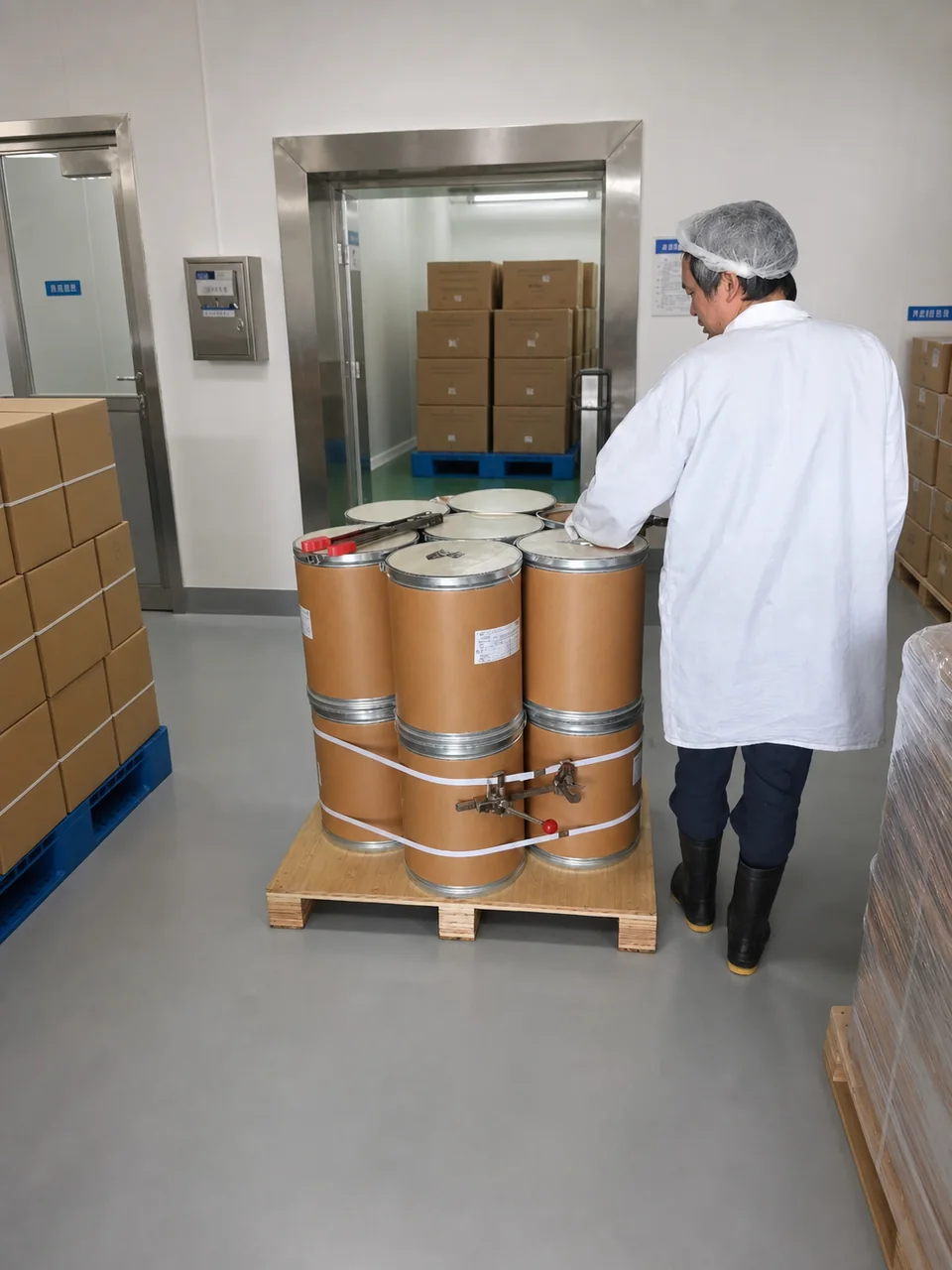 Operator moving palletized 25 kg phosphatidylserine drums in the cleanroom packing area