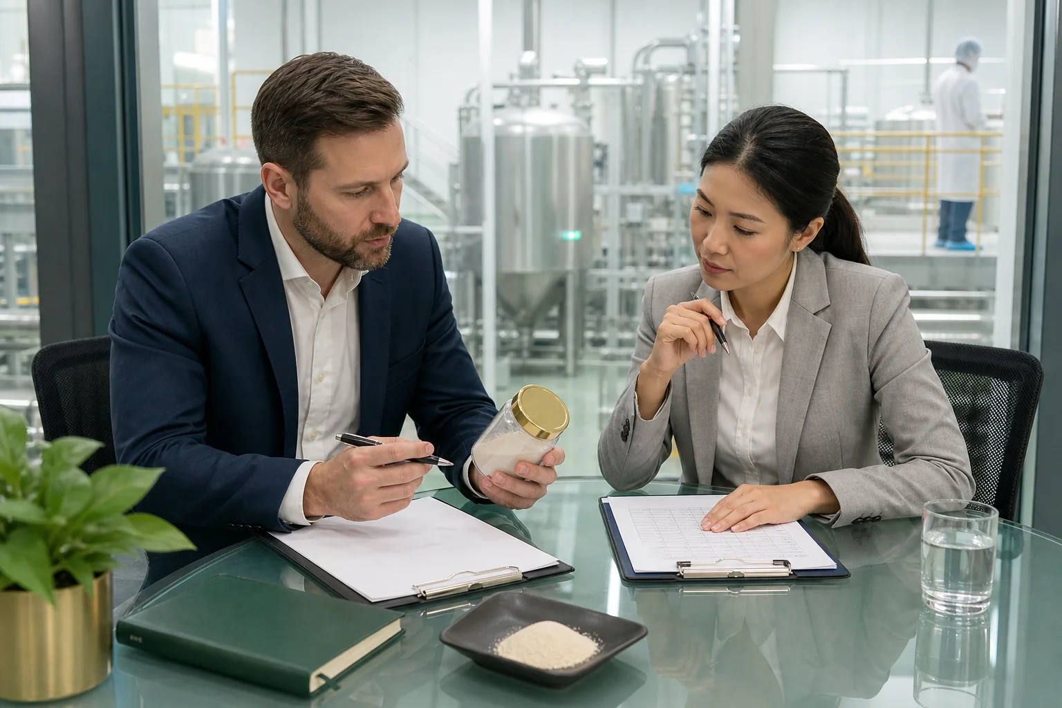 Ingredient buyer and quality specialist reviewing a phosphatidylserine sample at a manufacturing site