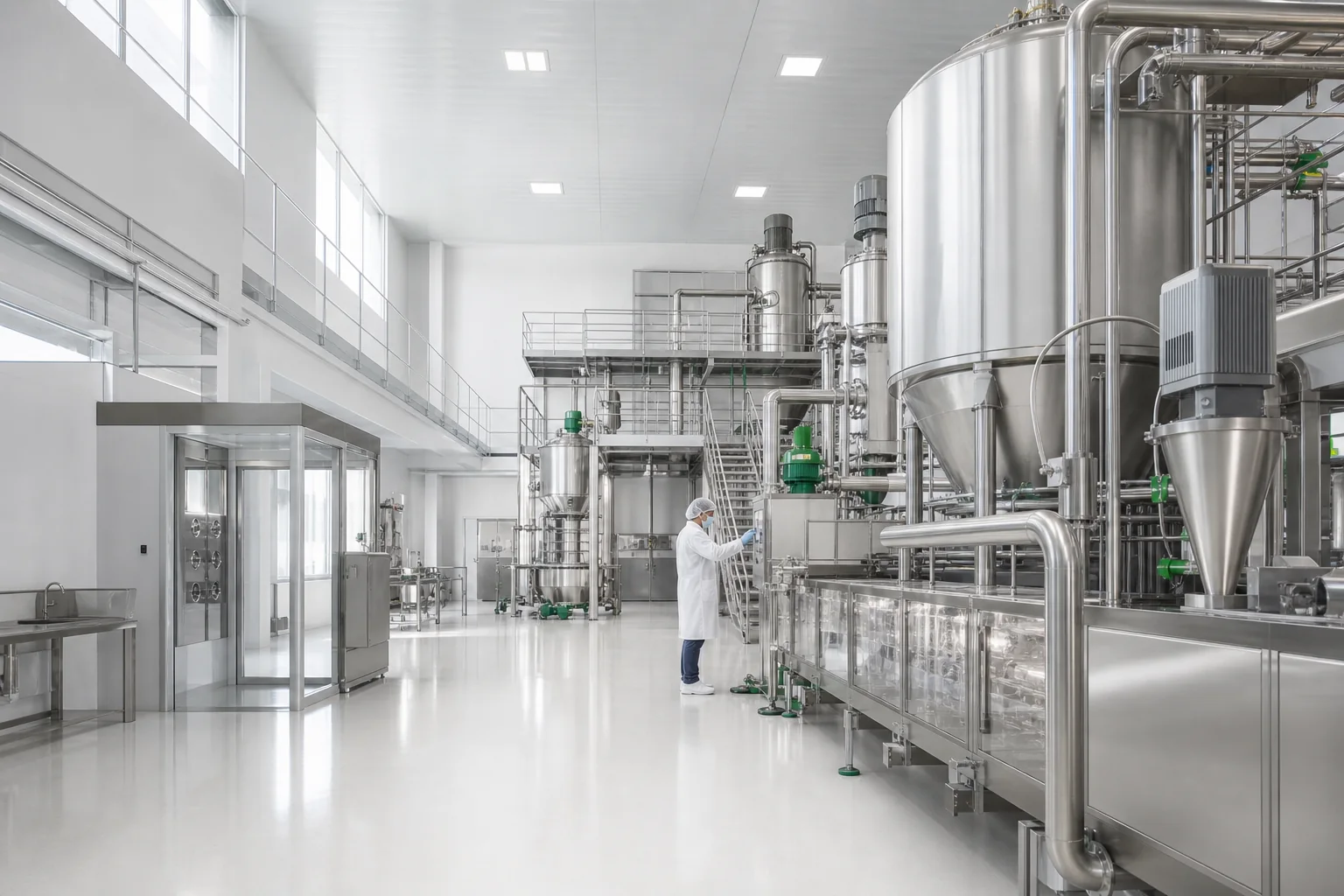 Clean functional food ingredient manufacturing hall with stainless steel process equipment