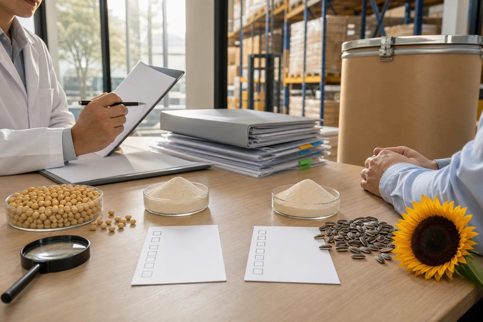 Side-angle quality and regulatory review of soy and sunflower phosphatidylserine source samples, blank allergen checklist cards, and a sealed bulk drum in a daylight office