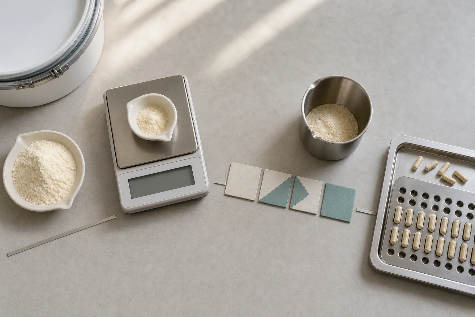Top-down European supplement formulation bench showing two phosphatidylserine powder quantities, a blank precision scale, mass-balance tiles, a mixing vessel, and a capsule-filling tray