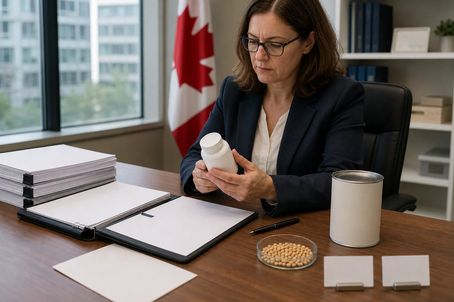 Canadian phosphatidylserine route review showing a capsule bottle dossier beside a supplemented-food can mockup, soy sample dish, and blank compliance cards on a regulatory desk