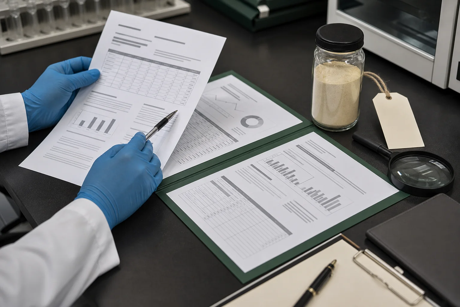 Quality assurance reviewer comparing a phosphatidylserine specification, certificate of analysis, and supporting document set