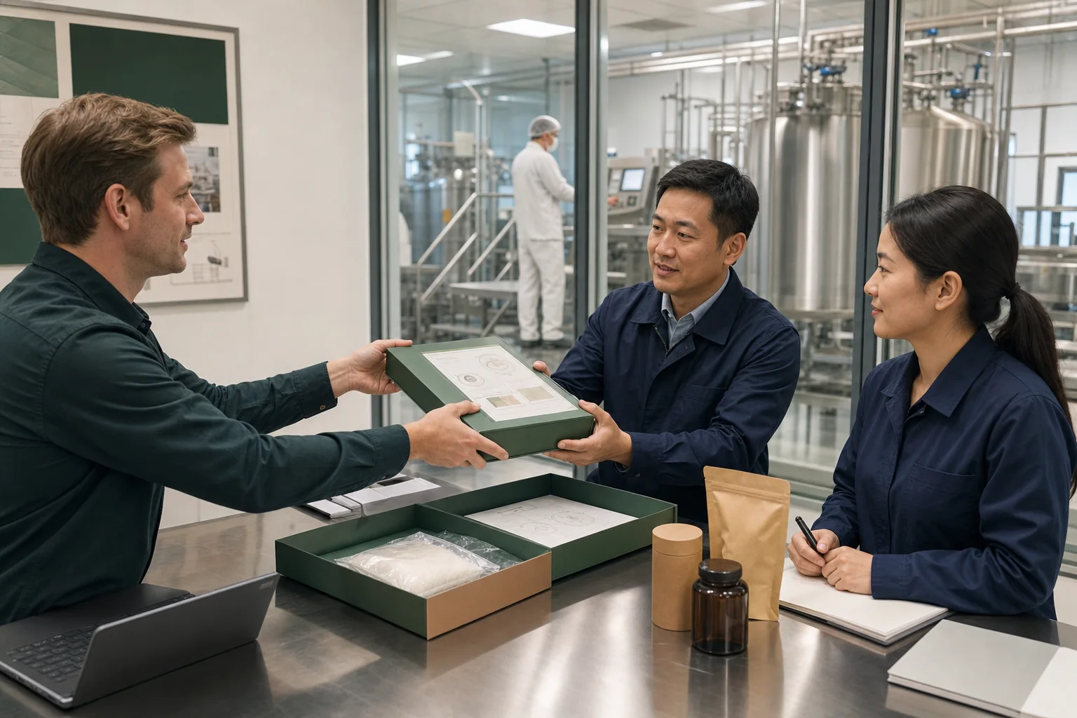 Private-label team handing a phosphatidylserine technical package to a contract manufacturing production specialist
