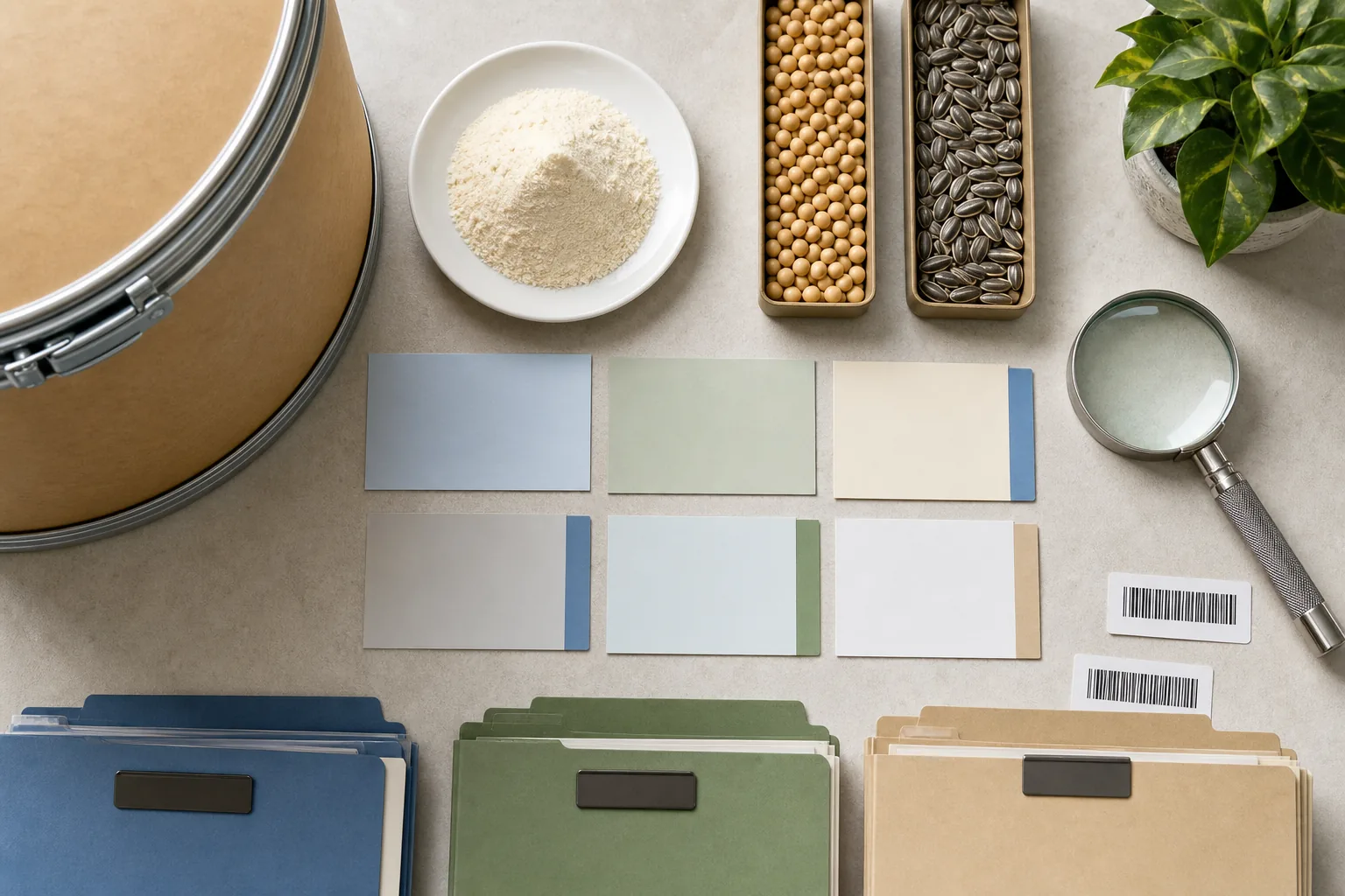 North American phosphatidylserine questionnaire-control desk with a sealed 25 kilogram drum edge, PS powder dish, soy and sunflower source trays, blank answer cards, barcode labels, and separate QA, regulatory, and sales folders