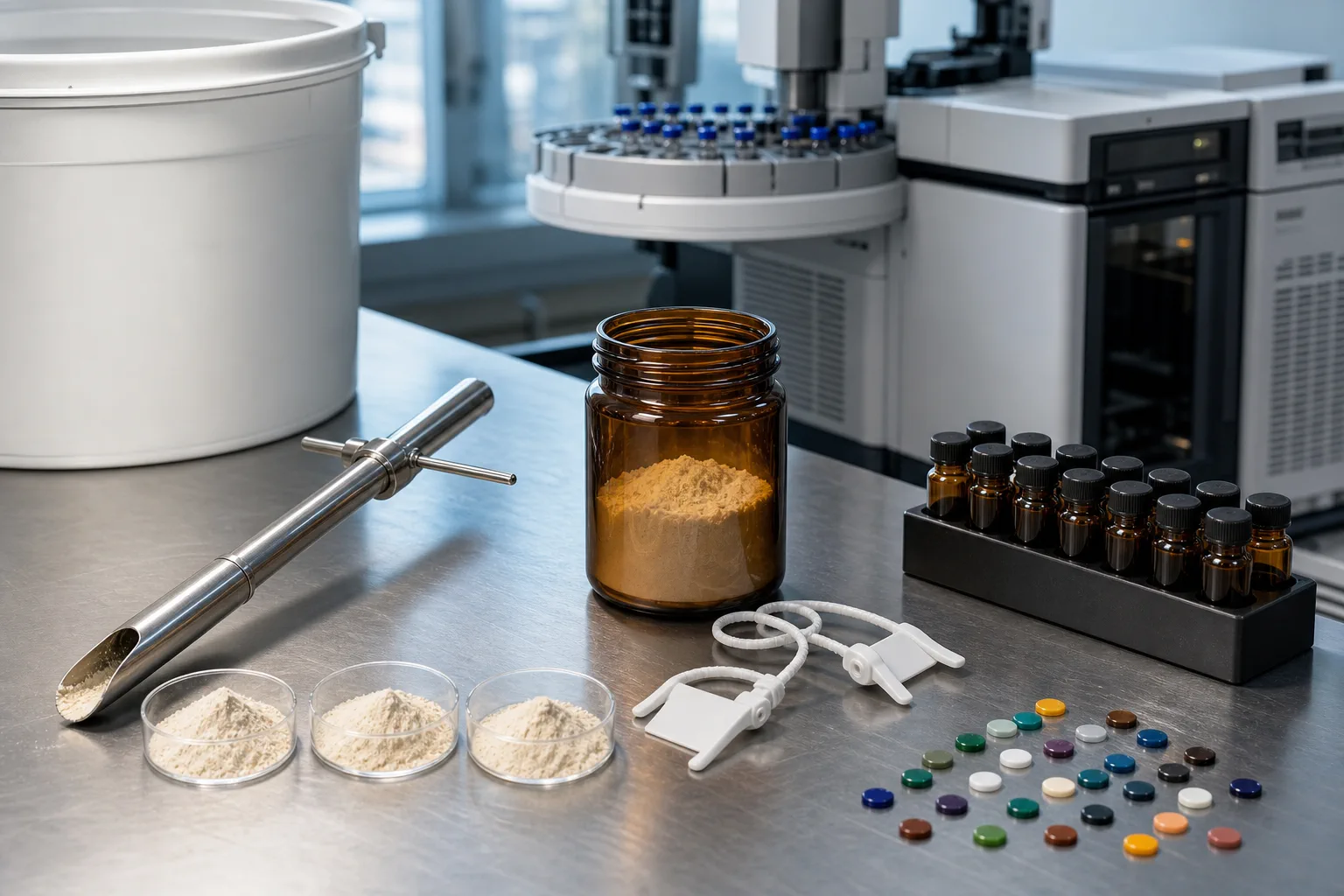 Representative phosphatidylserine lot sampling with three powder increments, a composite amber sample jar, analytical vials, and confirmatory dioxin and PCB laboratory instrumentation