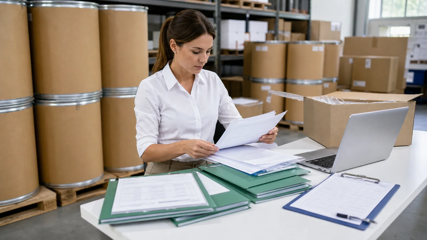 North American phosphatidylserine distributor preparing a customer document pack with source-specific files, sealed drum, shipping carton, and warehouse backdrop
