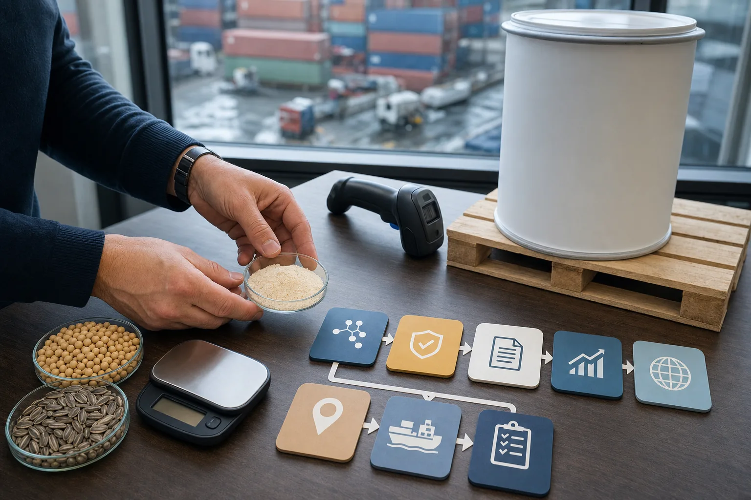 European phosphatidylserine customs-clearance preparation with a sealed 25 kilogram drum, powder and source samples, barcode scanner, scale, and a visual classification-to-import-control route board beside a morning container terminal