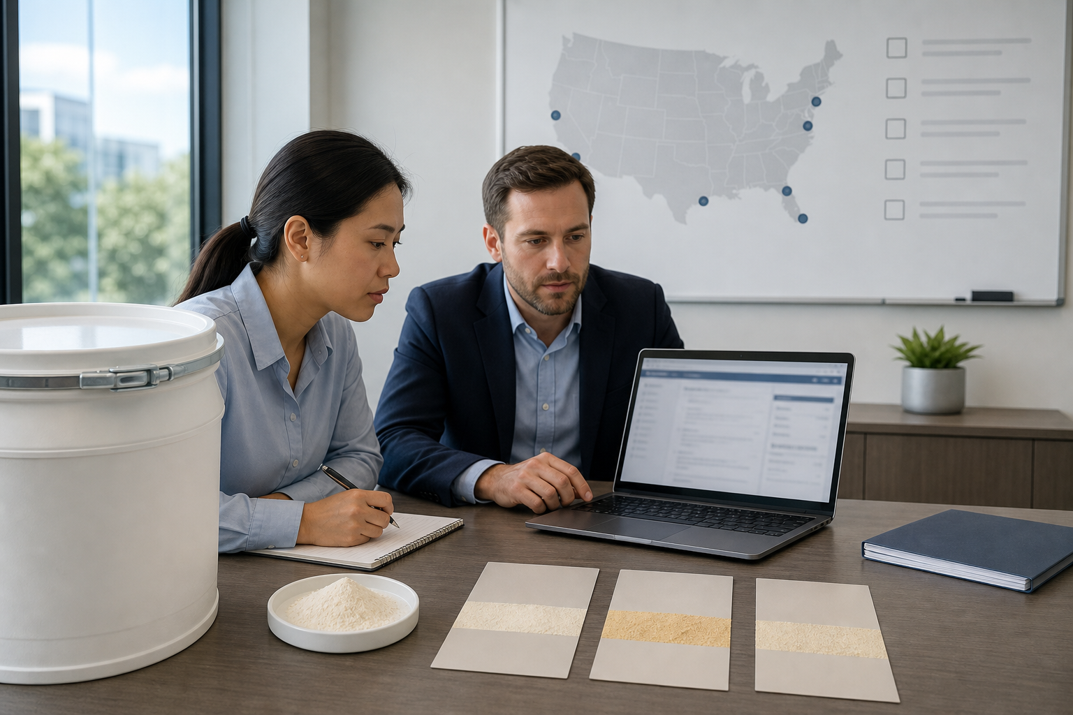 U.S. import-compliance review with a sealed plain 25 kilogram phosphatidylserine drum, an unreadable facility-registration portal on a laptop, route cards for general soy and sunflower PS, a QA checklist board, and procurement-regulatory reviewers in a daylight office