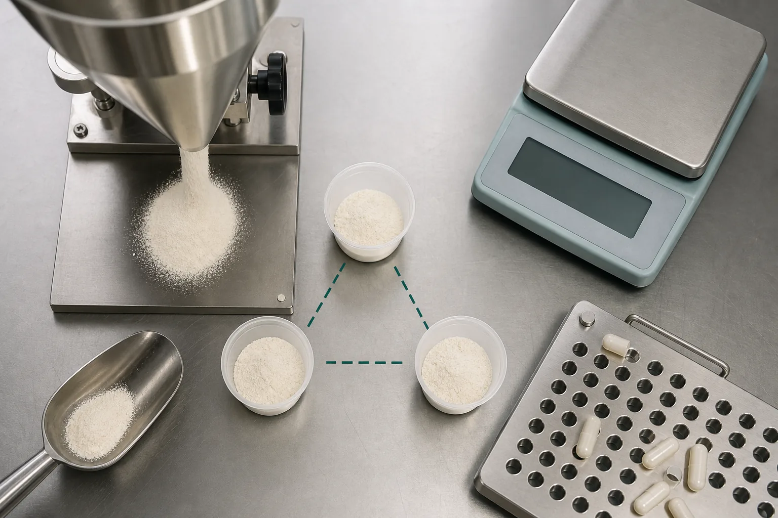 Phosphatidylserine capsule-production pilot with a powder flow funnel, three spatial blend samples, a scale, scoop, and capsule filling plate