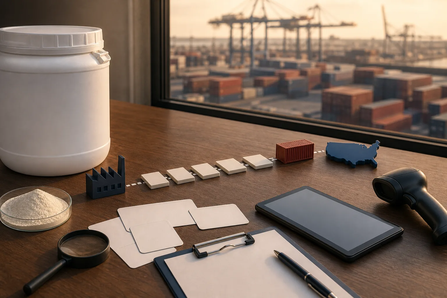 U.S. phosphatidylserine FSVP review with a sealed ingredient drum, PS powder, a supplier-to-entry workflow, barcode scanner, and blank hazard cards