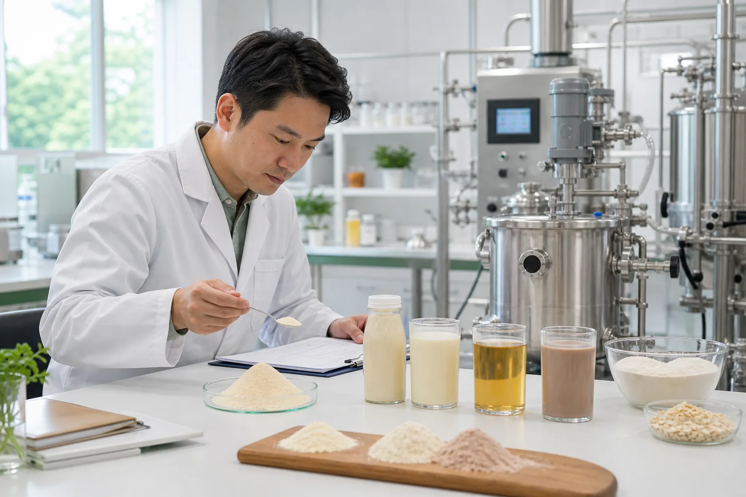 Functional food development bench with phosphatidylserine powder, nutrition beverage prototypes, and application review records