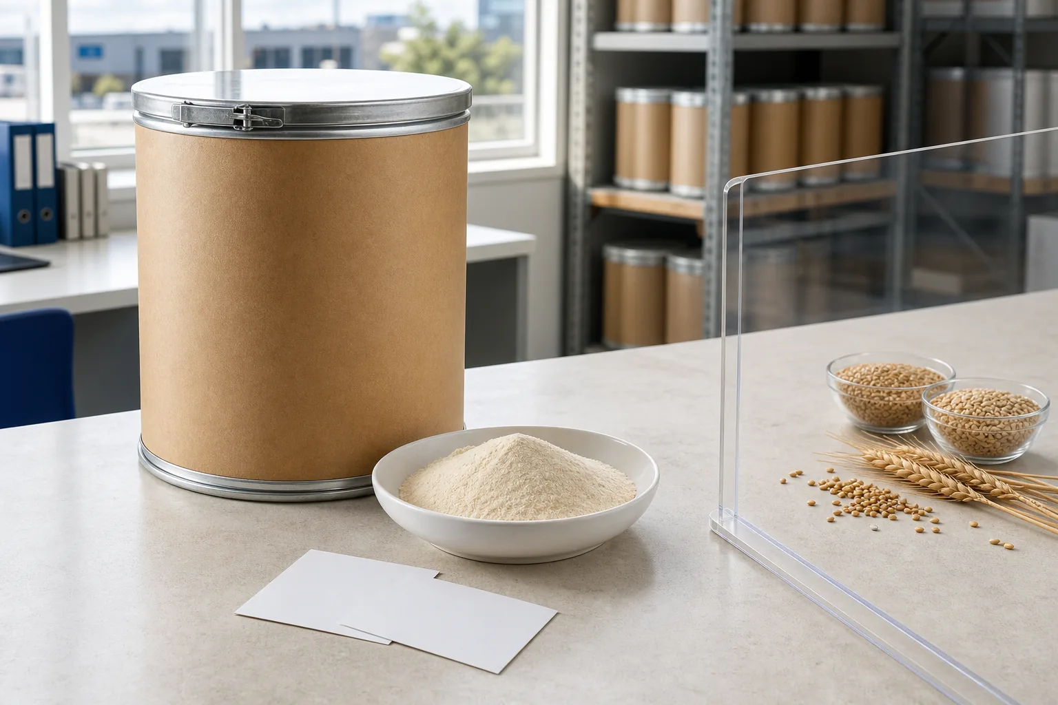 Cross-border phosphatidylserine gluten-free review with a sealed 25 kilogram drum, a phosphatidylserine powder dish, wheat and barley grain cues kept outside the approval area, and blank QA cards in a daylight technical office