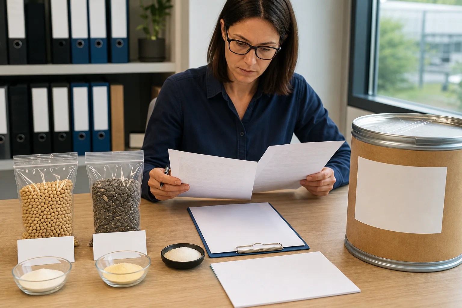 Cross-border phosphatidylserine GMO statement review with soy and sunflower source samples, blank declaration cards, and a sealed 25 kilogram drum in a procurement office