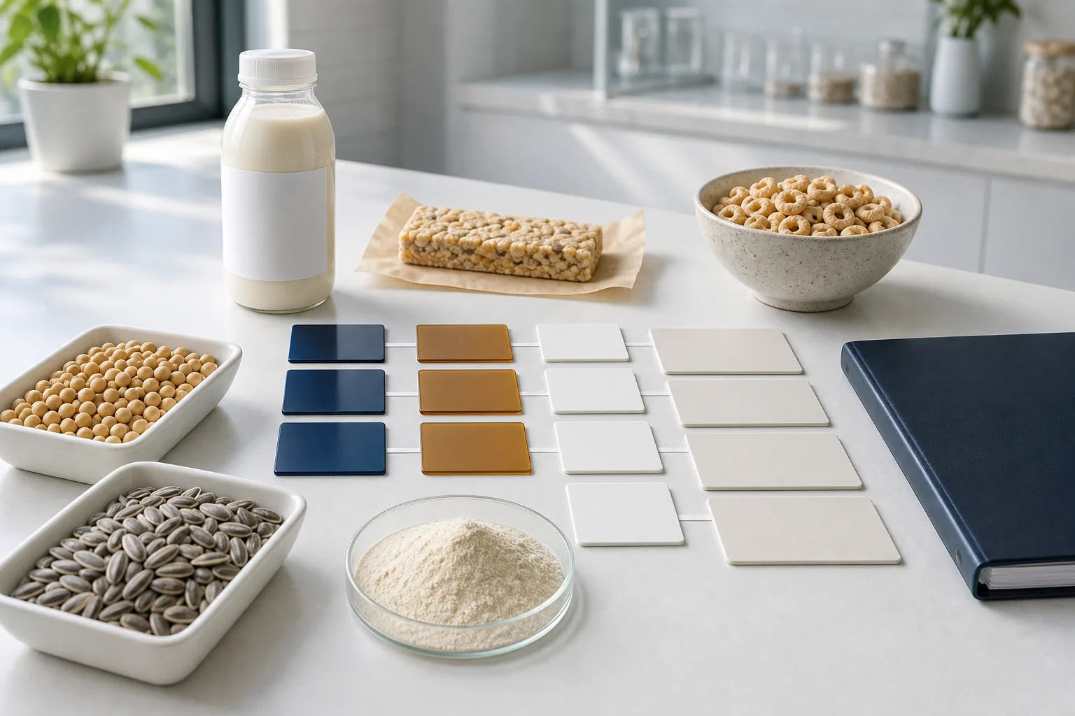 U.S. phosphatidylserine GRAS scope review with soy and sunflower sources, PS powder, blank scope tiles, and unbranded beverage, bar, and cereal prototypes