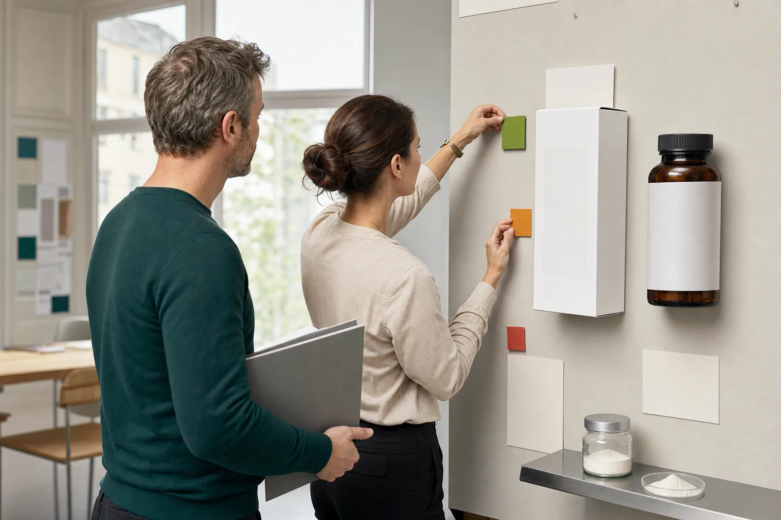 European supplement regulatory and formulation team reviewing health-claim placement on blank phosphatidylserine packaging with green, amber, and red decision tiles in a morning design studio