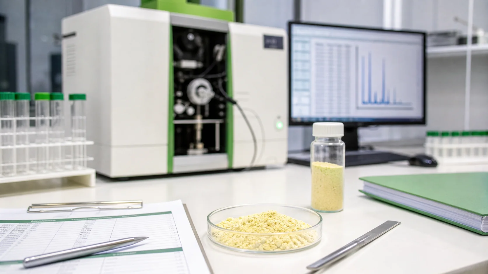 European quality-control review of phosphatidylserine heavy-metals data with sample dish, elemental-analysis lab tools, and blank compliance notes