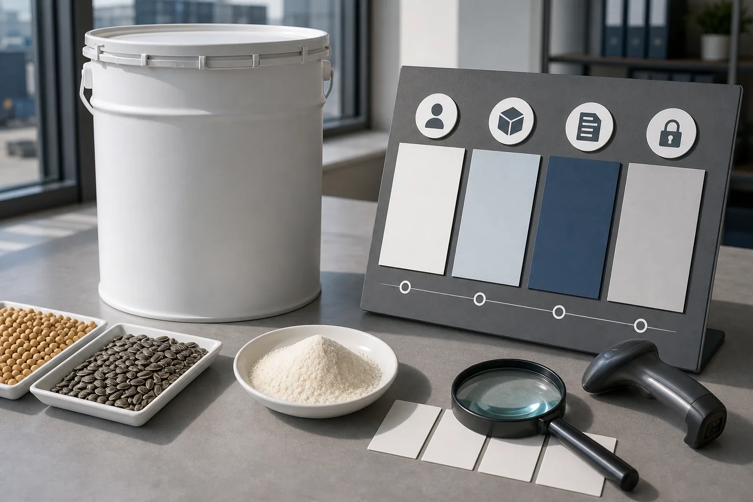 North American customs-classification review desk with a sealed 25 kilogram phosphatidylserine drum, powder dish, soy and sunflower route trays, a magnifier over blank tariff-code tiles, and a broker handoff board for identity, classification, invoice, and release checks