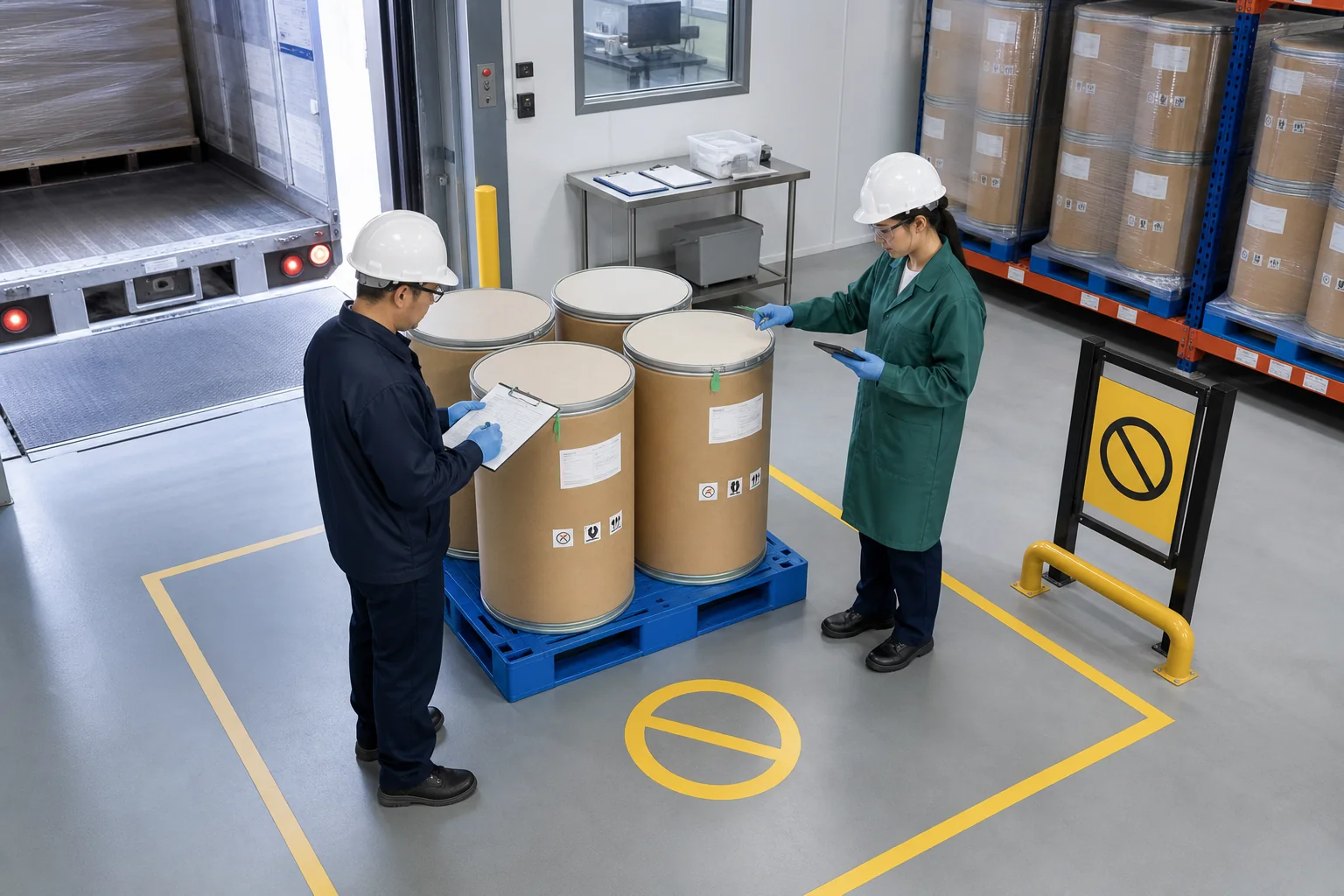 Warehouse receiving team inspecting phosphatidylserine drums, lot labels, delivery records, and quarantine status before release