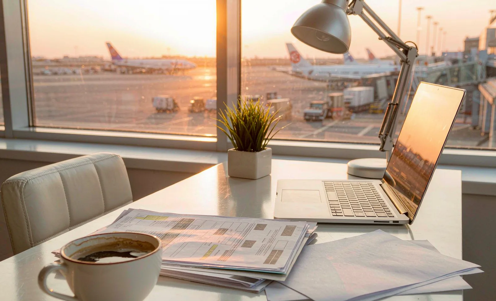 Air cargo pallets and freight documents on a logistics operations desk, industrial import export scene