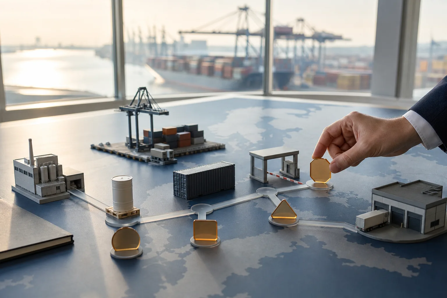 European phosphatidylserine freight-planning route model with a sealed ingredient drum on a pallet, container terminal, import gate, warehouse, and four blank handover markers