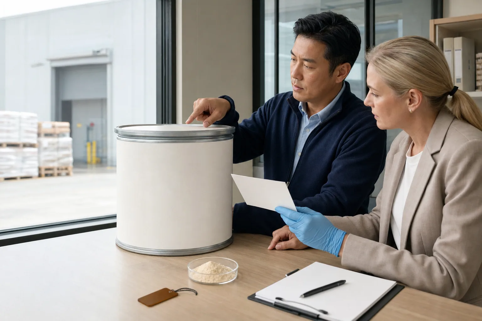 Cross-border phosphatidylserine irradiation-status review with a sealed 25 kilogram drum, amber dosimeter tags, blank compliance cards, and QA reviewers in a daylight technical office