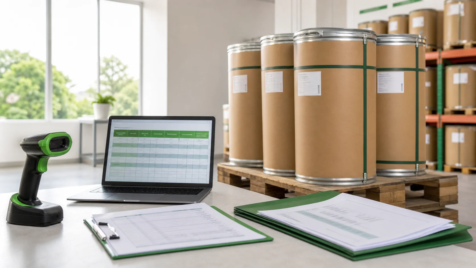 Phosphatidylserine lot traceability review with sealed drums, barcode scanning tools, and shipment release documents