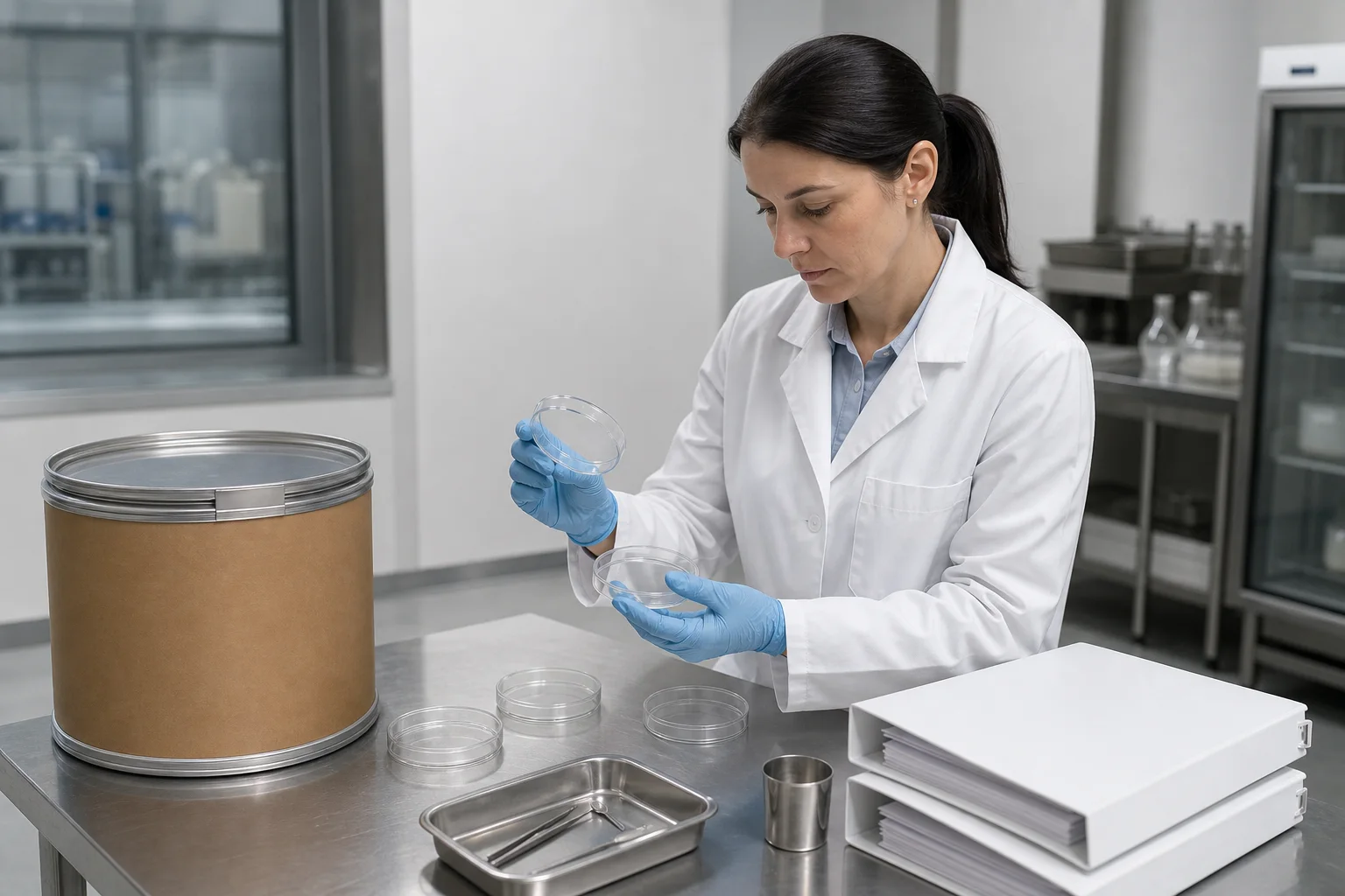 European quality specialist reviewing phosphatidylserine microbiological release data beside sterile petri dishes, sealed ingredient drum, and blank QA records