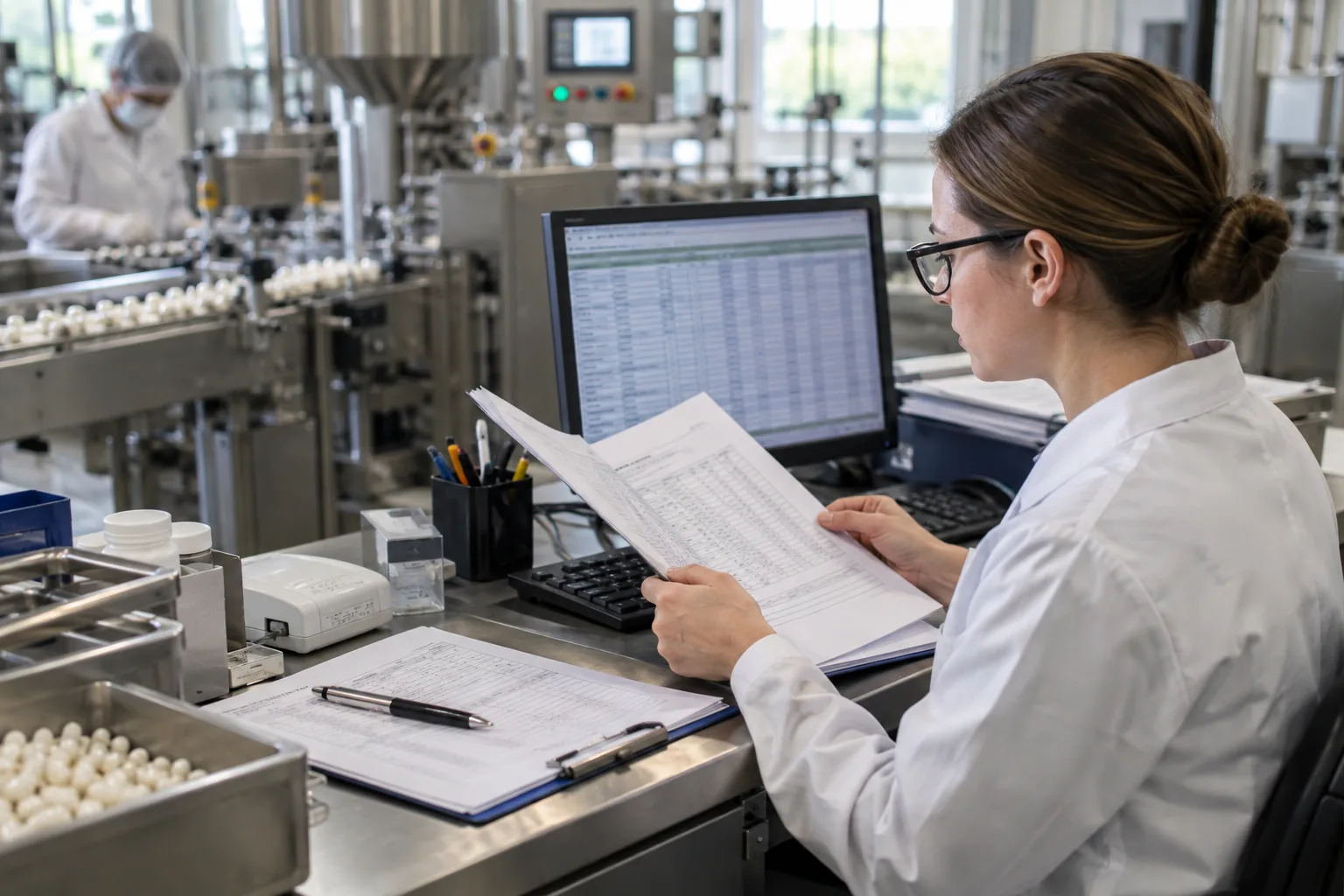 Quality assurance desk with capsule production in the background, showing a technician comparing a supplement specification folder against a batch record on screen
