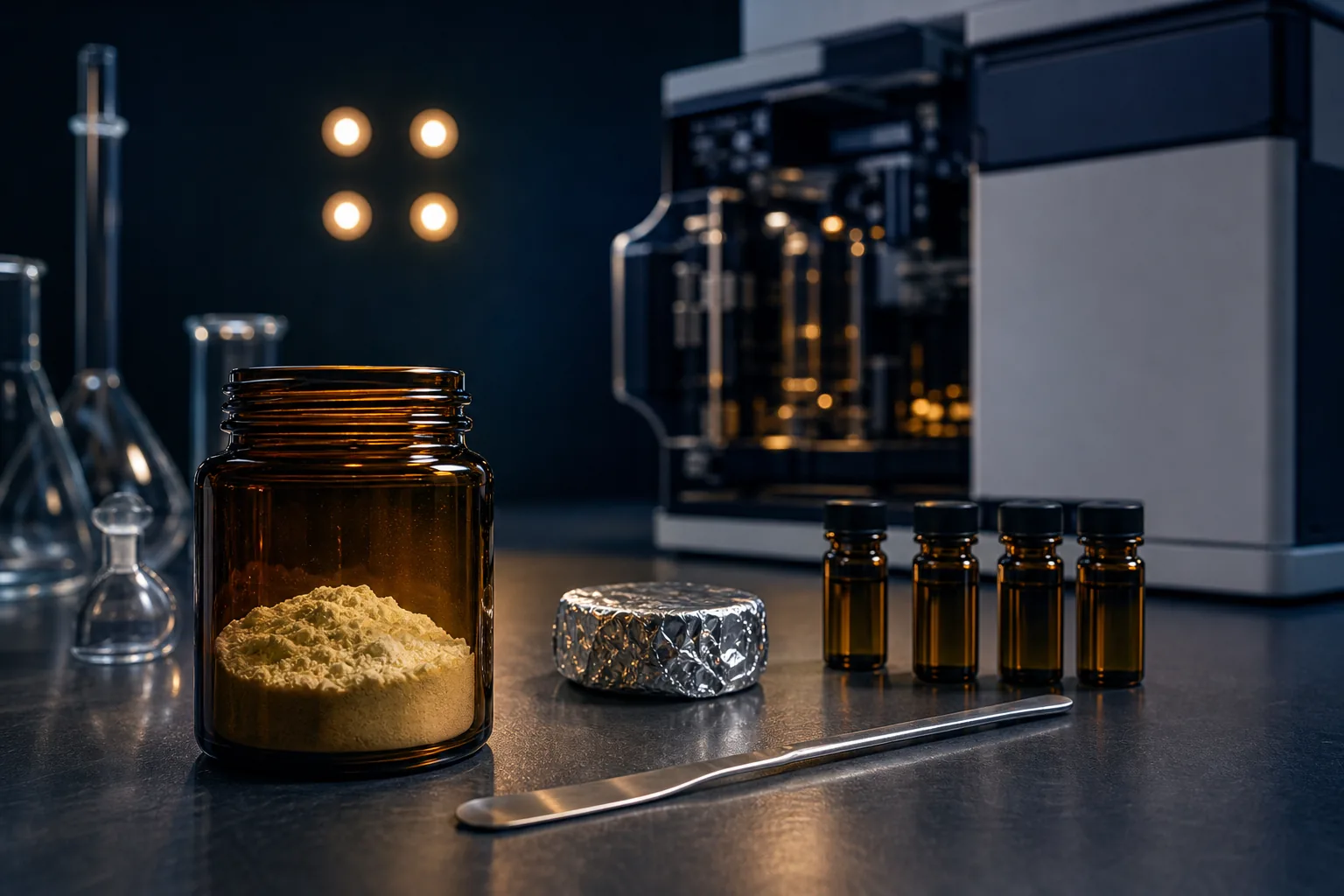 European phosphatidylserine PAH review with an amber-glass powder sample, foil-wrapped retain, four analytical vials, and chromatography equipment
