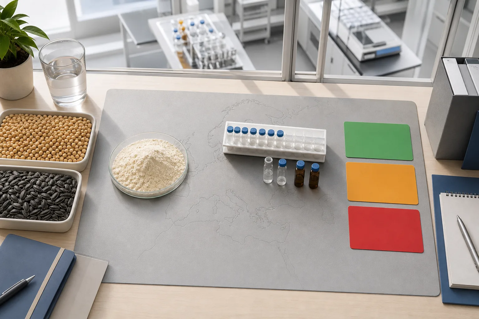 European phosphatidylserine pesticide-residue review with separate soy and sunflower source trays, a PS powder sample, multi-residue vials, and blank release-decision cards