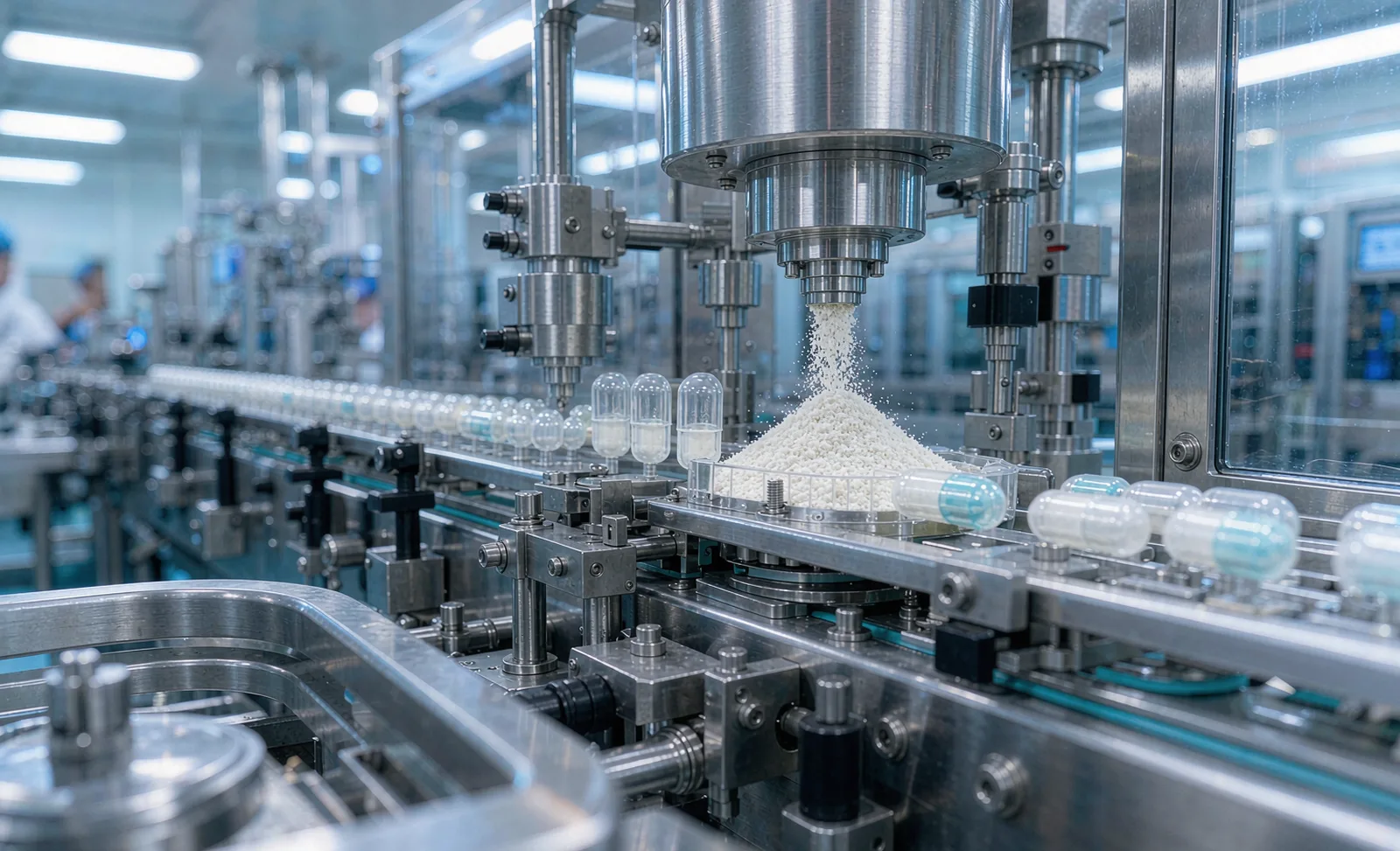 Capsule production line filling two-piece capsules with powder in a pharmaceutical manufacturing facility