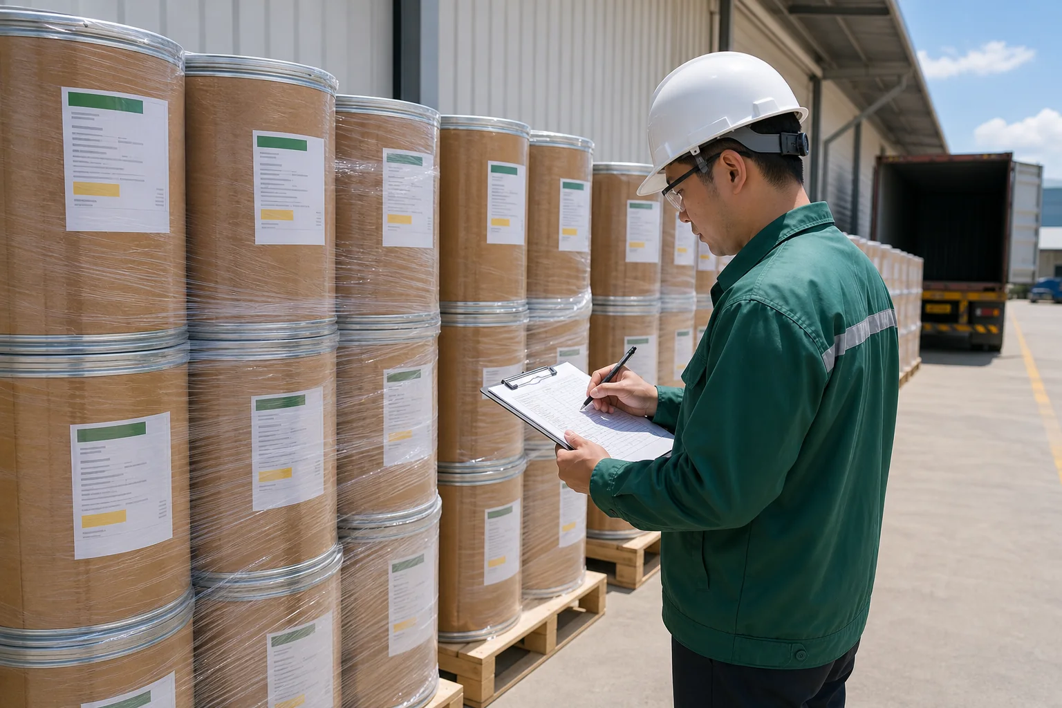 Quality inspector checking sealed phosphatidylserine drums, labels, packing list, and shipment release records before dispatch