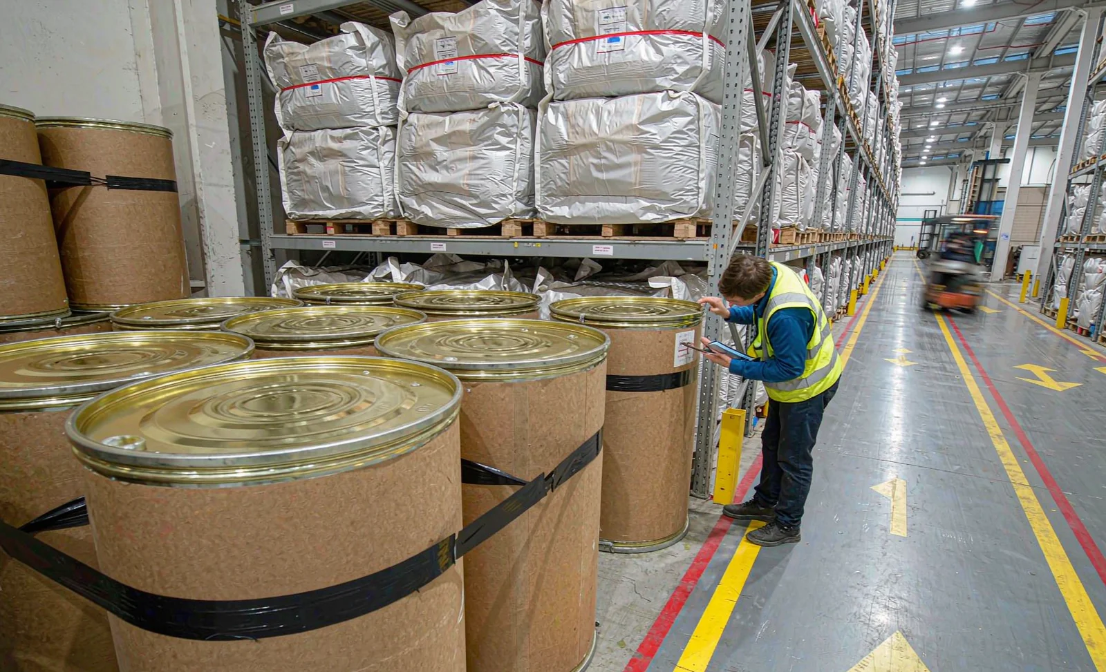 Warehouse storage of bulk ingredient drums with inventory tracking at a distribution center