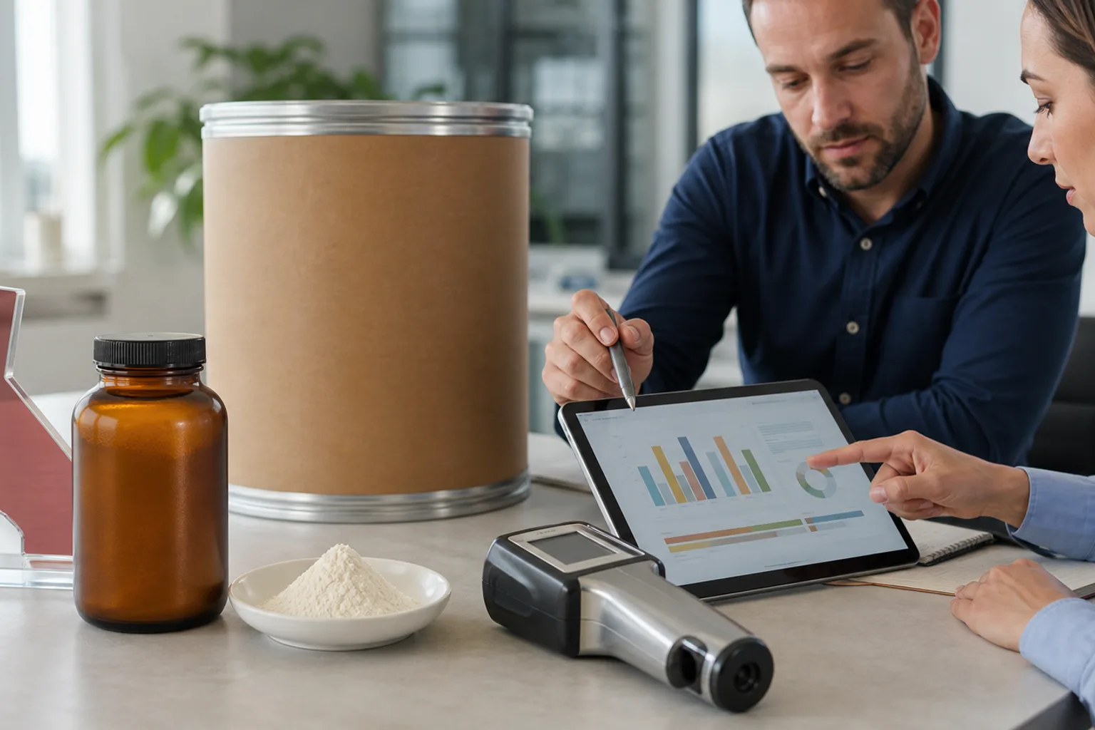 California-facing phosphatidylserine compliance review with a sealed 25 kilogram drum, elemental-analysis display, amber supplement bottle mockup, and QA-procurement team aligning exposure assumptions in a daylight office