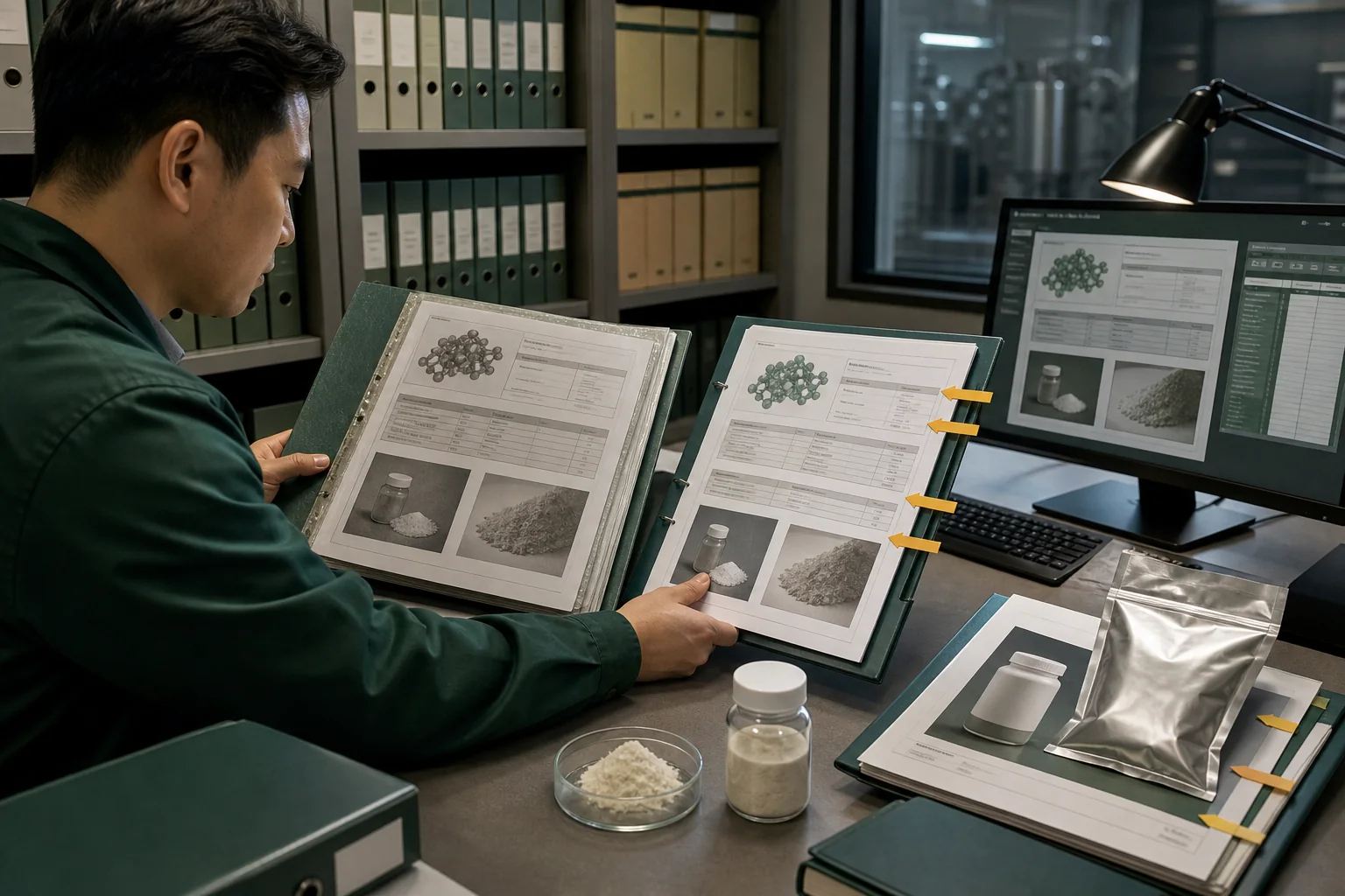 Repeat-order change control review with current and previous phosphatidylserine specifications, batch records, and packaging references