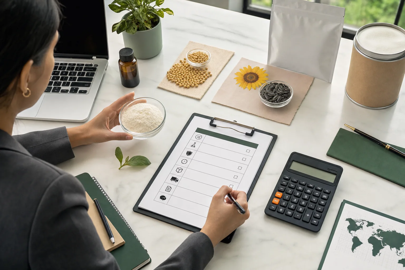 Procurement manager preparing a structured phosphatidylserine RFQ with product sample, source options, quantity, and document checklist