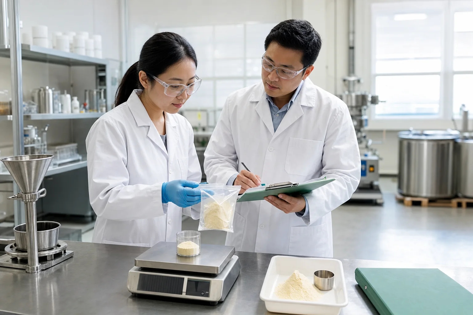 Formulation and quality team evaluating a phosphatidylserine sample before approving commercial bulk supply
