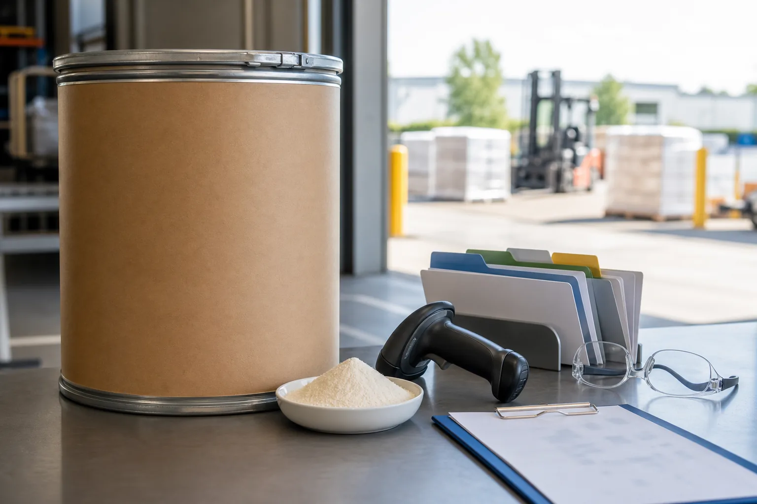 Cross-border phosphatidylserine SDS review at a warehouse handoff desk with a sealed 25 kilogram drum, white powder dish, blank section-divider tabs, barcode scanner, safety glasses, and a soft-focus loading bay