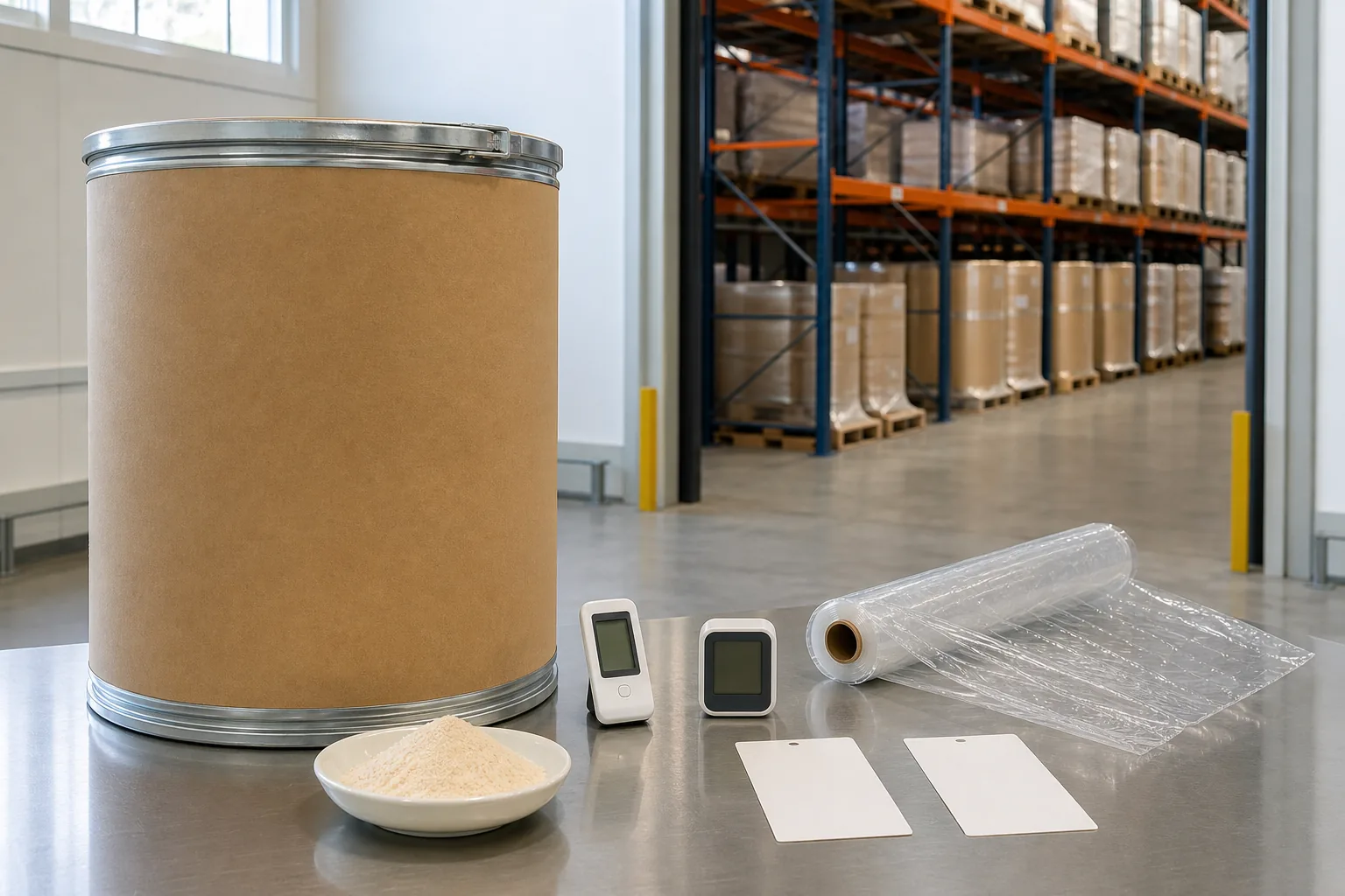 Cross-border phosphatidylserine shelf-life review with a sealed 25 kilogram drum, temperature logger, humidity monitor, pallet wrap sample, and blank storage-control cards in a warehouse office