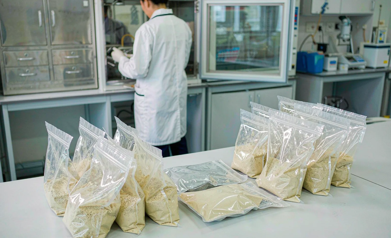 Quality control technician reviewing phosphatidylserine powder sample bags in an ingredient testing laboratory