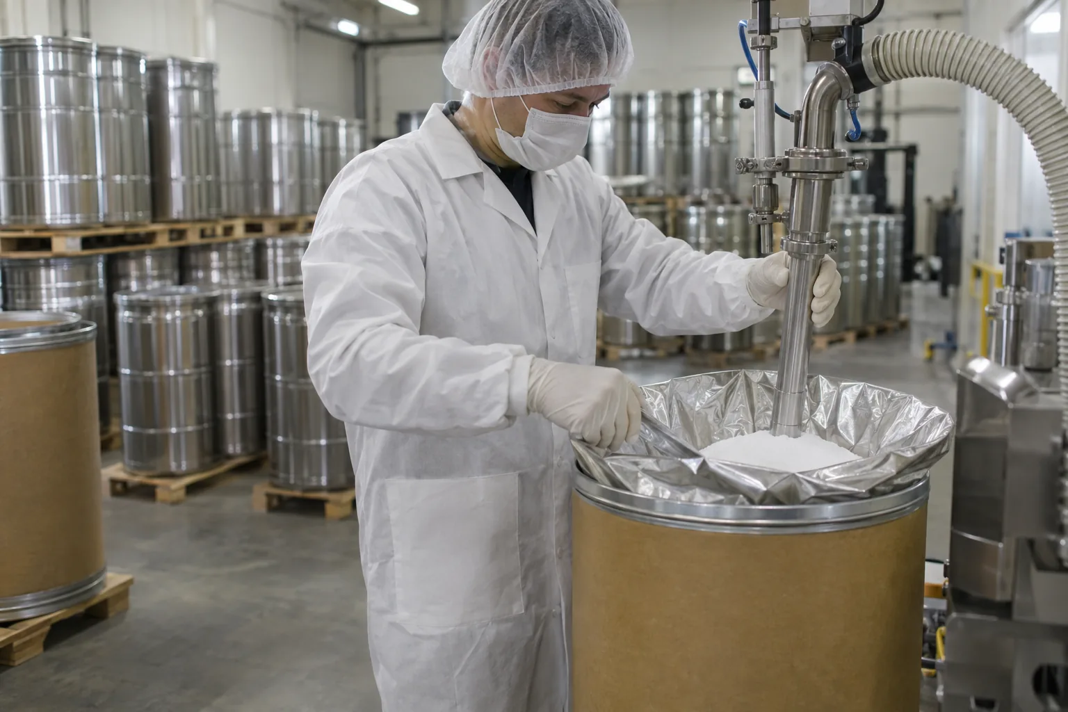 Warehouse worker sealing a foil-lined powder drum with nitrogen flush equipment beside stacked sealed fiber drums in a cool storage area