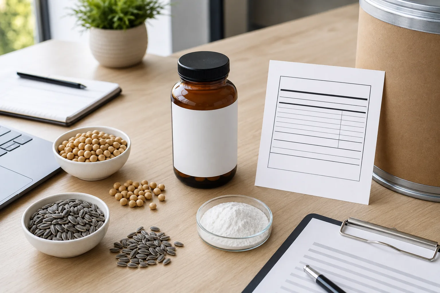 U.S. supplement label review with a blank amber bottle, clean Supplement Facts layout placeholder, soy and sunflower route cues, a phosphatidylserine powder dish, and a sealed drum edge in a daylight regulatory office