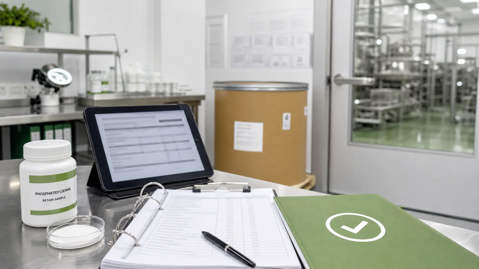 US contract manufacturer reviewing phosphatidylserine incoming approval with retain samples, sealed drum, and identity-testing tools